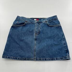 Vintage Y2K Tommy Hilfiger Mini Skirt Blue Denim Jean Skirt Short Flag Embroider